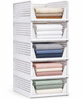 Solid 5 Pack Stackable Plastic Closet Storage Baskets In Crisp White For Slick Home Organization That Maxes Out Vertical Space And Keeps Your Daily Essentials Fresh And Tidy, stacked with towels.