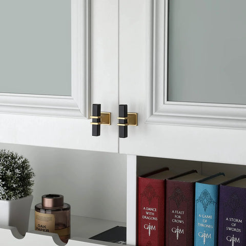 Black And Gold Cabinet Knobs Set 10 Pack With Matte Finish Stainless Steel Pull And Zinc Alloy Base on white kitchen cabinet doors