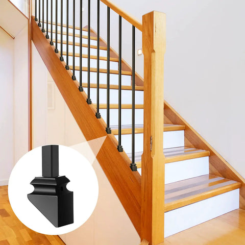 Set Of 40 Iron Baluster Shoes With Flat And Slant Options For 45 Degree Stairs Includes Screws Fits Half Inch Square Balusters Ideal For Indoor Outdoor Railings Rust Resistant Black Finish Durable And Easy To Install shown installed on wooden staircase with black balusters.