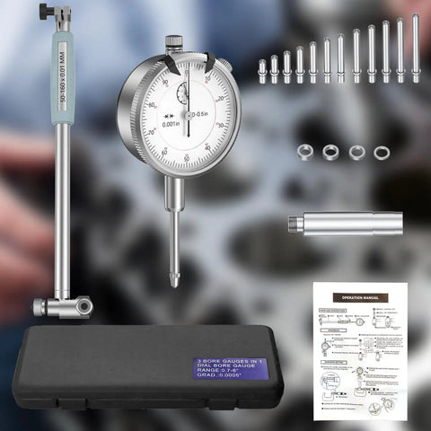 Dial Indicator Bore Gauge Set 2 To 6 Inches With 0.001 Inch Precision, Internal Diameter Extender, tool and accessories shown