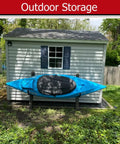 Beefy Heavy Duty Wall Mount Storage Hooks For Kayaks And Paddleboards 4 Pack Garage Rack Hangers With 150 Lbs Capacity Space Saving Wall Mount Organizer For Canoes Boards And More installed on outdoor shed holding blue kayak