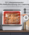 Compact Mini Wifi Smart Countertop Dishwasher With 5L Built In Water Tank And Six Wash Programs displaying drying cycle and dishes.