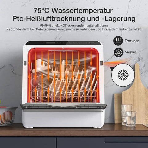 Compact Mini Wifi Smart Countertop Dishwasher With 5L Built In Water Tank And Six Wash Programs displaying drying cycle and dishes.