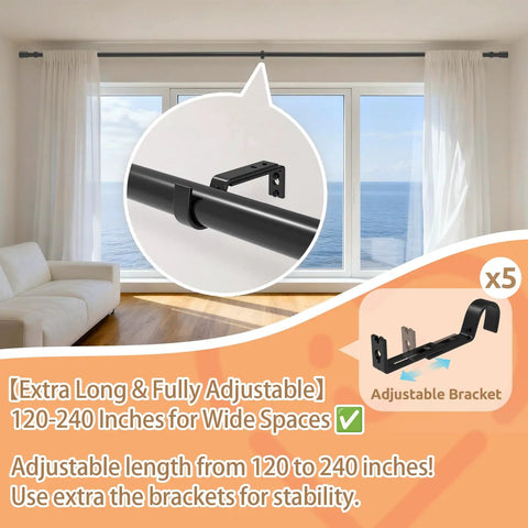 Outdoor Curtain Rods For Patio Adjustable 32 To 240 Inch Heavy Duty Rod With Wall And Ceiling Mount Matte Black Room Divider Fits One Large Window Or Two Wide Open Windows With Five Holders.