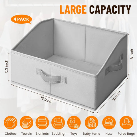 Large Capacity Collapsible Closet Storage Bins With Handles Four Pack displayed with size measurements and uses.