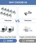 Comparison between 9 brackets vs 2 brackets and heavy-duty floor guide vs fragile guide for Exterior Sliding Barn Door Hardware Kit for Double Doors, 14ft Heavy Duty Track System, Wall Mount, Silver Galvanized Steel with Rustproof Finish, Outdoor Ready and 50,000 Cycle Tested for Long Lasting Performance.