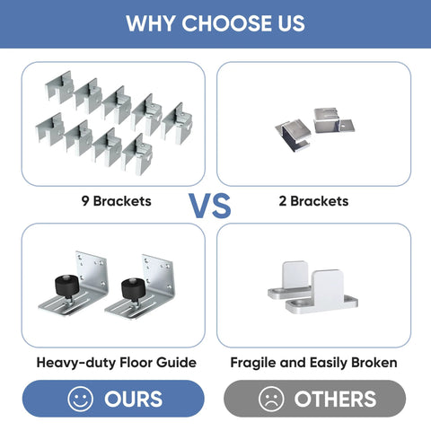 Comparison between 9 brackets vs 2 brackets and heavy-duty floor guide vs fragile guide for Exterior Sliding Barn Door Hardware Kit for Double Doors, 14ft Heavy Duty Track System, Wall Mount, Silver Galvanized Steel with Rustproof Finish, Outdoor Ready and 50,000 Cycle Tested for Long Lasting Performance.