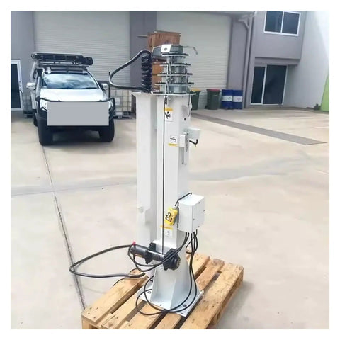 Electric Hydraulic Telescopic Mast Built From Heavy Duty Aluminum with quick deploy setup on a wooden pallet.