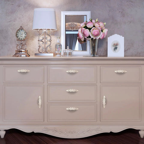 Dresser with Ivory Decorative Cabinet Pull Handles Set Of 2 Zinc Alloy Flower Drawer Pulls showcasing vintage kitchen style.