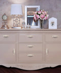 Front view of dresser with Six Piece European Rose Cabinet Pull Handles Set For Dressers Drawers And Closets Dope Vintage Floral Zinc Alloy Pulls 3.78 Inch Center To Center.
