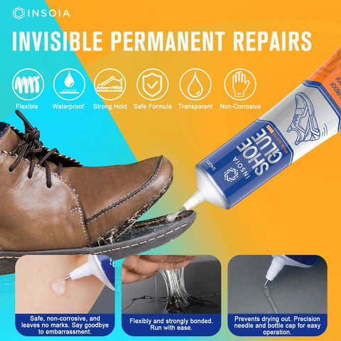 Heavy Duty Shoe Glue Repair Kit With 15ML X2 Adhesives, Waterproof And Flexible Clear Drying Formula For Your Kicks Sneakers Boots Leather Rubber Canvas And More Dries In 24 Hours shown mending a brown shoe sole.