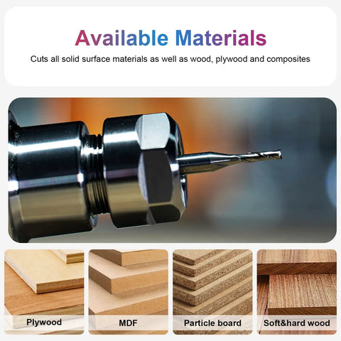 Close-up of Five Piece One Eighth Inch Diameter Spiral Upcut Router Bit Set With One Quarter Inch Shank Carbide CNC Wood Router Bits