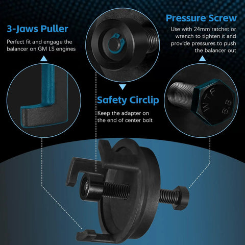 Crank Pulley Puller Kit For LS Engines And Chrysler Dodge Jeep Vehicles with 3-jaw puller, pressure screw, and safety circlip