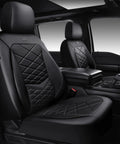 All Black Premium Nappa Leather Front Seat Covers With 3D Foam Waterproof And Breathable Lumbar Support Airbag Compatible Universal Fit For Sedan SUV Van Truck shown on car seats
