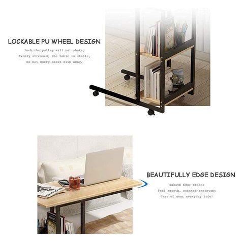 C Shaped Bedside Table With Heavy Duty Wheels And Locks Height Adjustable Laptop Workstation displaying smooth edge design.