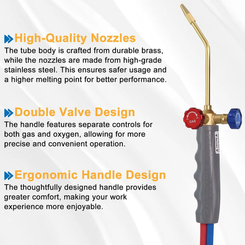 Heavy Duty Welding Torch With Adjustable Flame And Built In Igniter For MAPP Oxygen Or Propane featuring brass nozzle and ergonomic handle.