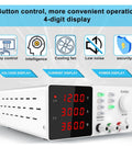7 Modes 120V 3A Adjustable Bench Power Supply With Digital LCD Display, showing voltage, current, and power readouts.