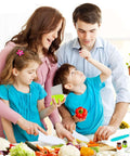 Front view of TAORISH 9-piece kids kitchen knife set with colorful kid-safe plastic blades and a cutting board