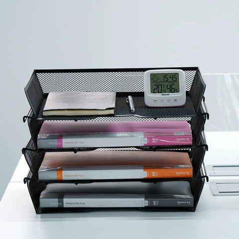 Four Tier Mesh Stackable File Trays For Desk Organization Letter Size Office Paper Organizer with items, black finish