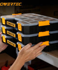 Hands holding stackable tool box organizer with removable dividers creating up to 17 compartments interlocking and portable design 2 pack perfect for small parts nuts bolts screws and other hardware