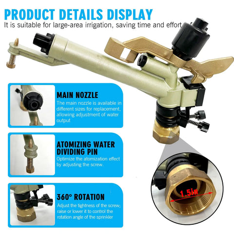1.5 Inch Irrigation Sprinkler For Farm And Lawn, 360 Degree Adjustable Sprayer With Aluminum Alloy Body, product details display