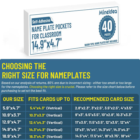 Thick Clear Desk Name Tag Pockets Set Of 40 With Stays Put Adhesive Backing, 14.9 By 4.7 Inches box with sizings chart.