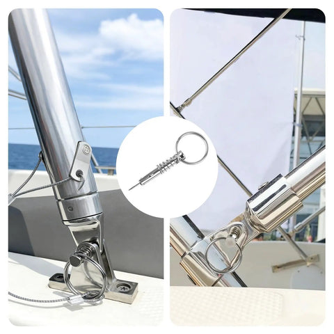 4-Pack Quick Release Pins with Drop Cam and Spring, one quarter inch diameter, 0.86 inch usable length, on marine hardware