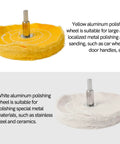 Yellow and white wheel from Aluminum Wheel Polishing Kit For Drill Buffing Wheel Set Smooths Car And Motorcycle Rims Stainless Steel Chrome Wood Plastic Ceramic Glass And More 6 Piece Polishing Kit