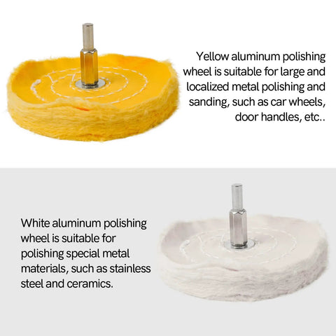 Yellow and white wheel from Aluminum Wheel Polishing Kit For Drill Buffing Wheel Set Smooths Car And Motorcycle Rims Stainless Steel Chrome Wood Plastic Ceramic Glass And More 6 Piece Polishing Kit
