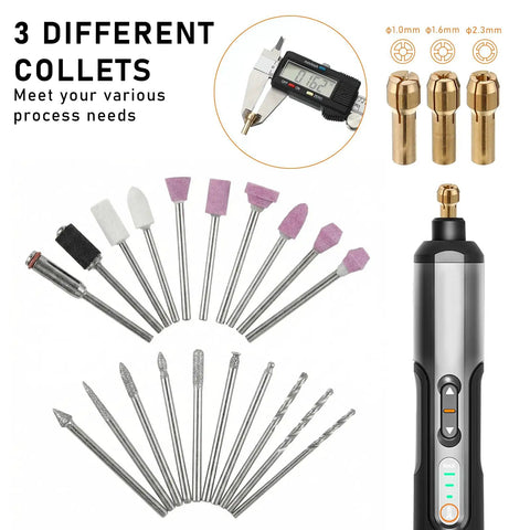 3 collets with various grinding and drilling bits from the Heavy Duty 69 Piece Rotary Tool Accessories Kit for DIY projects.