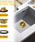 Heavy Duty Garbage Disposal Flange With Sink Drain Stopper, 304 Stainless Steel Brushed Gold Kitchen Adapter installed in sink.
