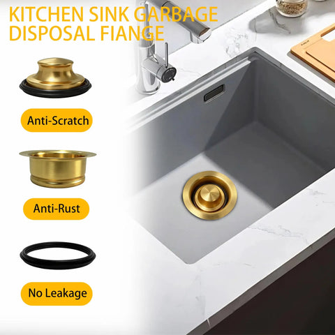 Heavy Duty Garbage Disposal Flange With Sink Drain Stopper, 304 Stainless Steel Brushed Gold Kitchen Adapter installed in sink.