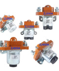 Heavy Duty DC Contactor Built Tough, Slim Footprint, Plug And Play Normally Open Relay For Cars And Control Systems, Rock Solid 12V 24V 48V 72V Switch Handling 50A To 600A With No Sweat At All. Set of five DC contactors labeled from ZJ50A to ZJ600A.