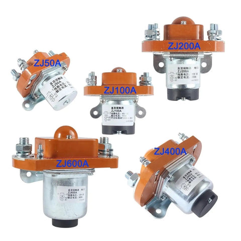 Heavy Duty DC Contactor Built Tough, Slim Footprint, Plug And Play Normally Open Relay For Cars And Control Systems, Rock Solid 12V 24V 48V 72V Switch Handling 50A To 600A With No Sweat At All. Set of five DC contactors labeled from ZJ50A to ZJ600A.