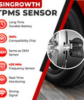 Close-up of ISINGROWTH TPMS sensor showcasing 433MHz frequency, designed for real-time tire pressure monitoring.