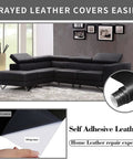 Ultra Large Self Adhesive Leather Repair Patch 17X79 Inch For Couches Furniture Car Seats Cabinets Walls And Handbags Black Vinyl Patch Tape For Quick No Sweat Fixes shown with black couch and layer view.