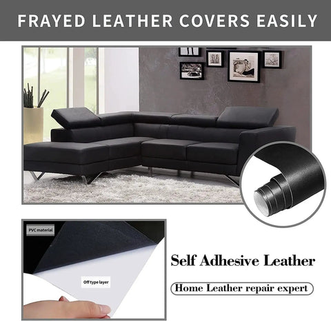 Ultra Large Self Adhesive Leather Repair Patch 17X79 Inch For Couches Furniture Car Seats Cabinets Walls And Handbags Black Vinyl Patch Tape For Quick No Sweat Fixes shown with black couch and layer view.