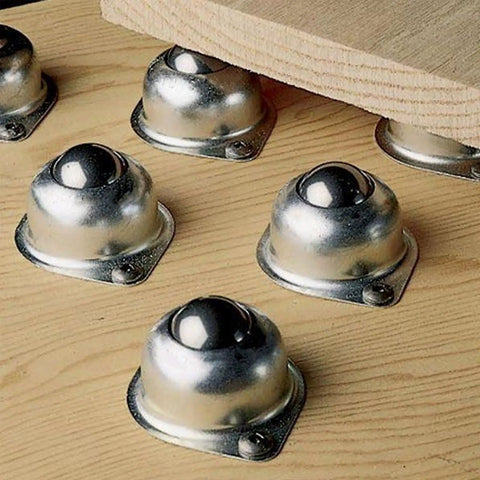 16 Pcs Three Quarter Inch Roller Ball Transfer Bearing Set With Flange Mounts on wooden surface, carbon steel construction
