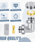 Six Pack Three Quarter Inch Elbow Air Piping Fittings Brass Nickel Plated For Shop Compressed Air Line System displayed with parts