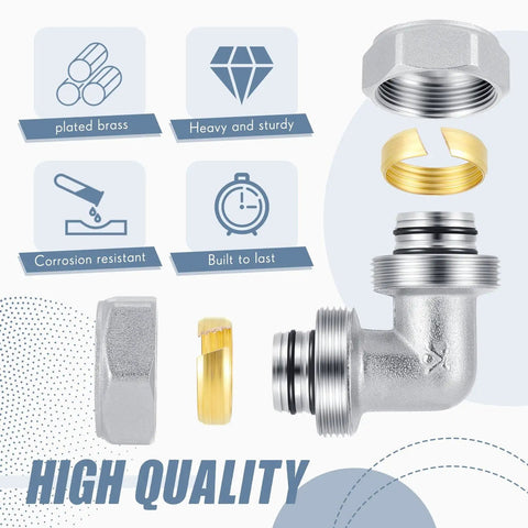 Six Pack Three Quarter Inch Elbow Air Piping Fittings Brass Nickel Plated For Shop Compressed Air Line System displayed with parts