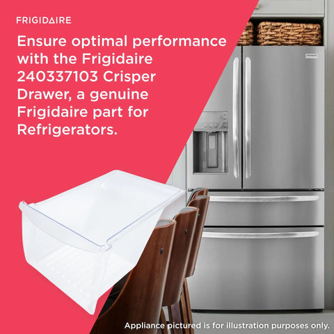 Crisper Drawer Replacement For Refrigerators 240337103 shown in front of a fridge and chairs.