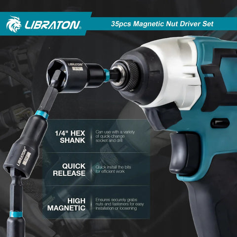 Magnetic Nut Driver Set 35 Piece For Impact Drill With Metric And SAE Nut Drivers Deep And Regular Wing Nut Driver 12mm Quick Release Bit Holder And 6 Inch Bit Extender In Handy Toolbox, drill attachment in use