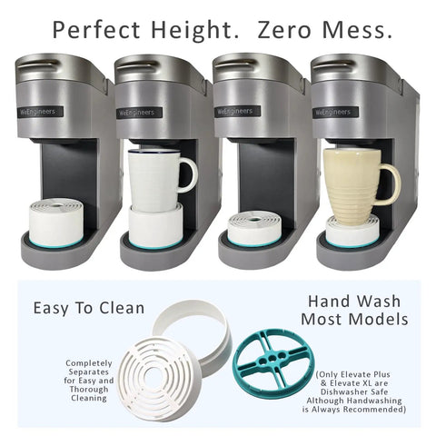 Anti Splash Cup Riser For Keurig And Cuisinart Single Serve Coffee Makers, adjustable cup size, white with turquoise on drip tray.