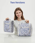 Smiling woman holding two sizes of Hanging Toiletry Bag For Travel Makeup Organizer Unisex On The Go Large Capacity With 8 Mesh Pockets Blue Leaf Pattern