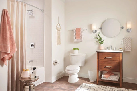 Bathroom with Genta LX Chrome One-Handle Tub And Shower Trim Valve With Posi-Temp Pressure Balancing, pink accents, and modern decor.