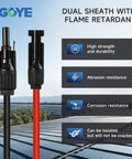 Two 10 Foot Solar Extension Cables With 10AWG PV Wire Red Black 2 Pairs Waterproof Connectors For PV Panels Controllers And Off Grid Systems Beefy Weatherproof Build For Tough Outdoor Use shown with text overlay about durability and resistance.