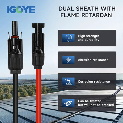 Two 10 Foot Solar Extension Cables With 10AWG PV Wire Red Black 2 Pairs Waterproof Connectors For PV Panels Controllers And Off Grid Systems Beefy Weatherproof Build For Tough Outdoor Use shown with text overlay about durability and resistance.