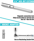 Image of a One Quarter Inch T-Handle Ratchet Set With Hex Bit Extender And Adapter, featuring a hex extension and socket adapter for 1/4 inch bits.