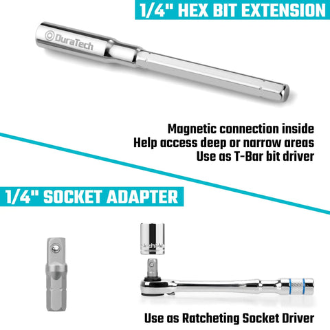Image of a One Quarter Inch T-Handle Ratchet Set With Hex Bit Extender And Adapter, featuring a hex extension and socket adapter for 1/4 inch bits.