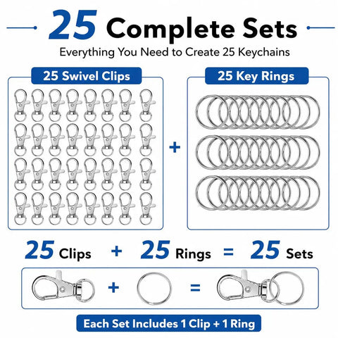 Image of 50 Piece Keychain Making Kit with Lobster Claw Clasps and Key Rings for DIY Keychains, showing 25 lobster clips and rings.